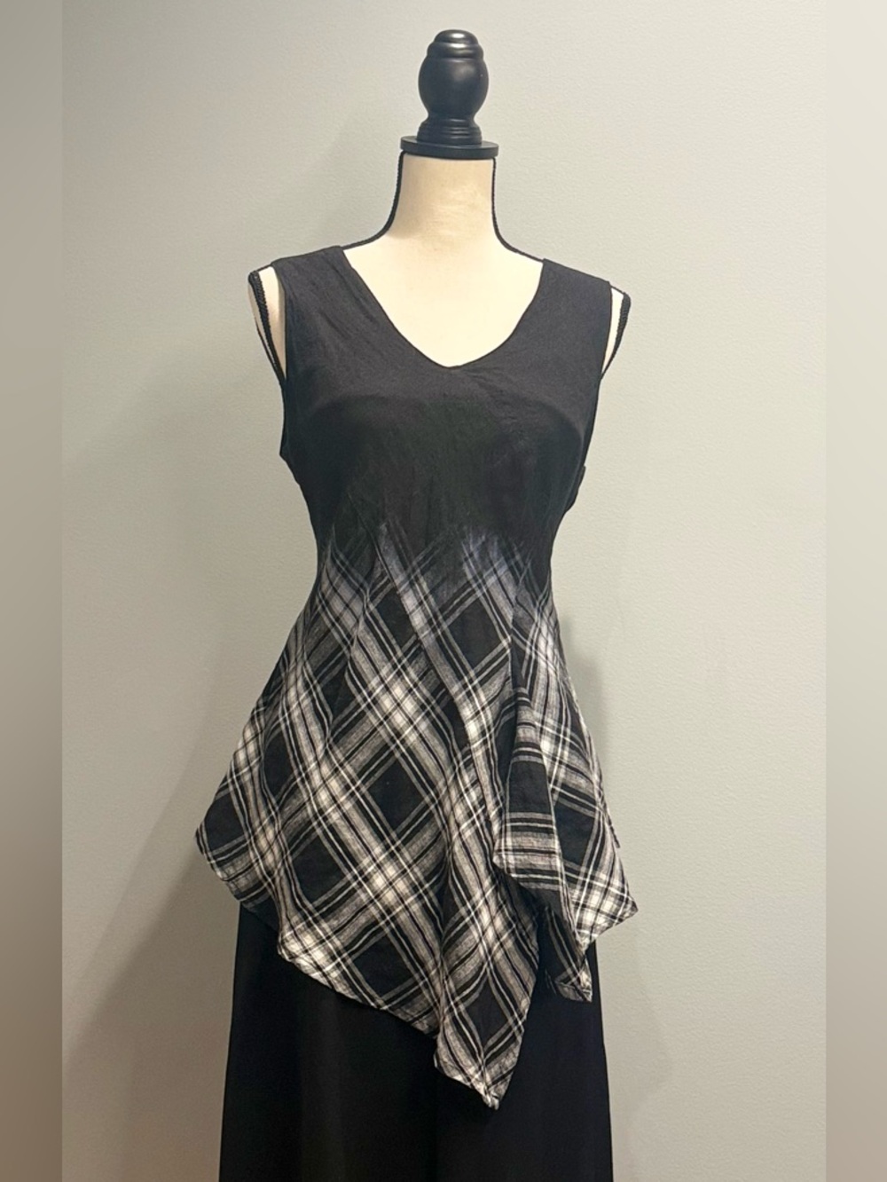Ivan Grundahl Linen Asymmetrical Top | Draped Plaid Hem | Size 44